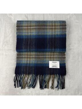 Johnstons of Elgin 100% Cashmere Scarf Blue Ivory Stripe Made in Scotland Luxury